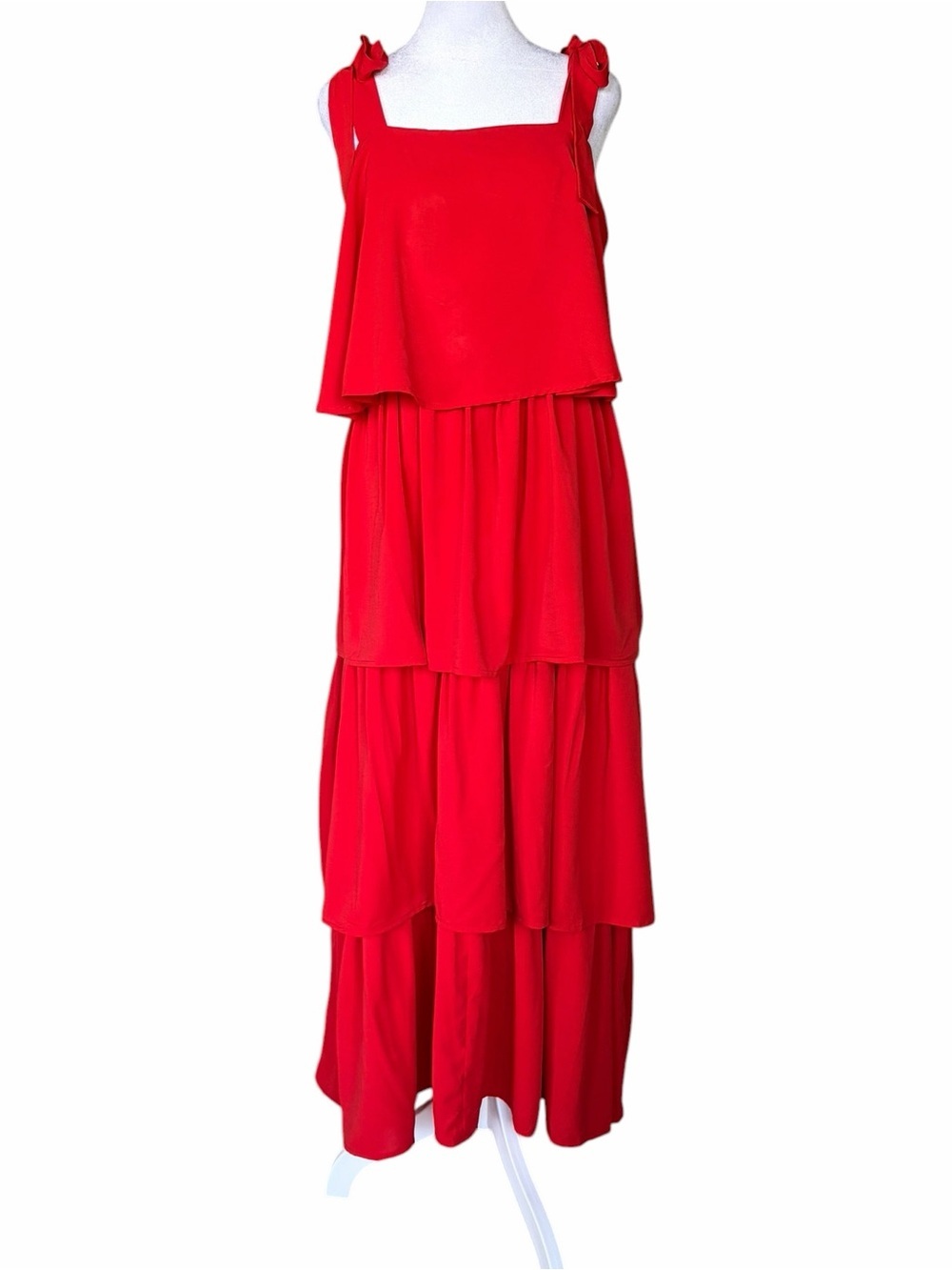 Red Tiered Maxi Dress with Tie-Shoulder Straps